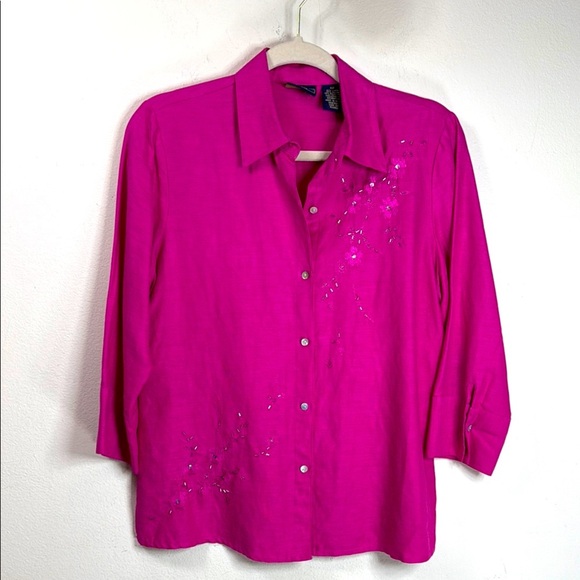 (T6) Laura Scott Women's Pink Embroidered 3/4 Sleeve Linen Blouse, Size 4P - Picture 1 of 11